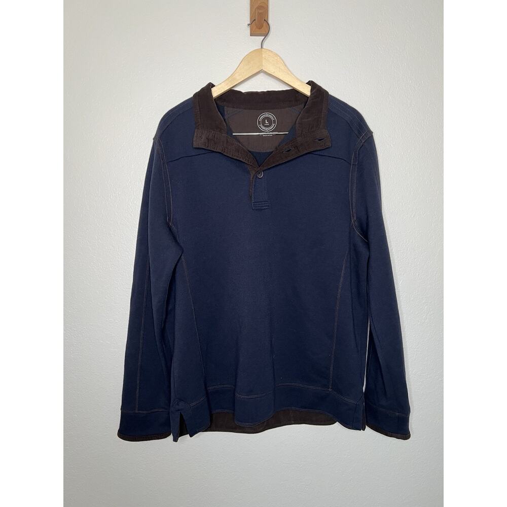 Carbon 2 Cobalt Navy Button Plaque Henley Sweater with Brown Corduroy Trim Large